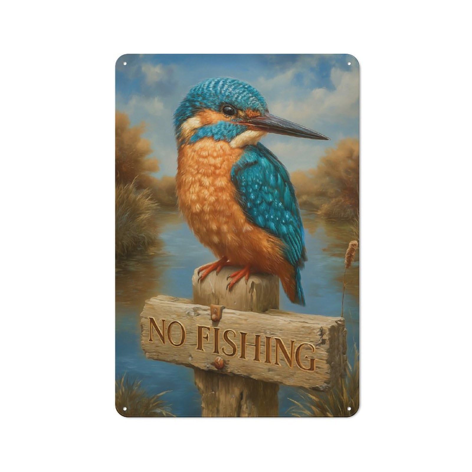 Junmoney Style-22 Tin Wall Plaque 30X20cm With Kingfisher - No Fishing For Man Cave Or Games Room, A Housewarming Gift For Leisure-Room Decor Enthusiasts