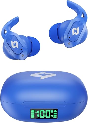 Auriculares inalámbricos Bluetooth con estuche de carga inalámbrica, reproducción de 32 horas, pantalla LED en el oído, auriculares impermeables,