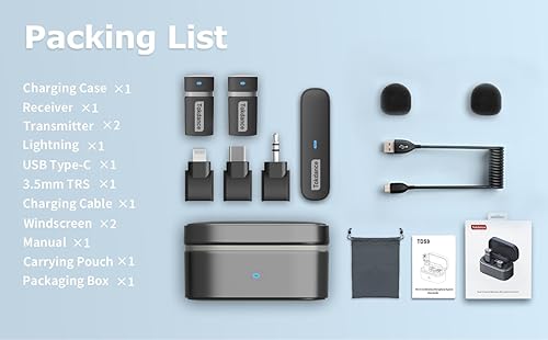 Miniatura 8 de Tokdance Paquete de 2 mini micrófonos de solapa inalámbricos 3 en 1, batería de 18 horas, retardo ultra bajo de 2.4 G, sistema de micrófono de