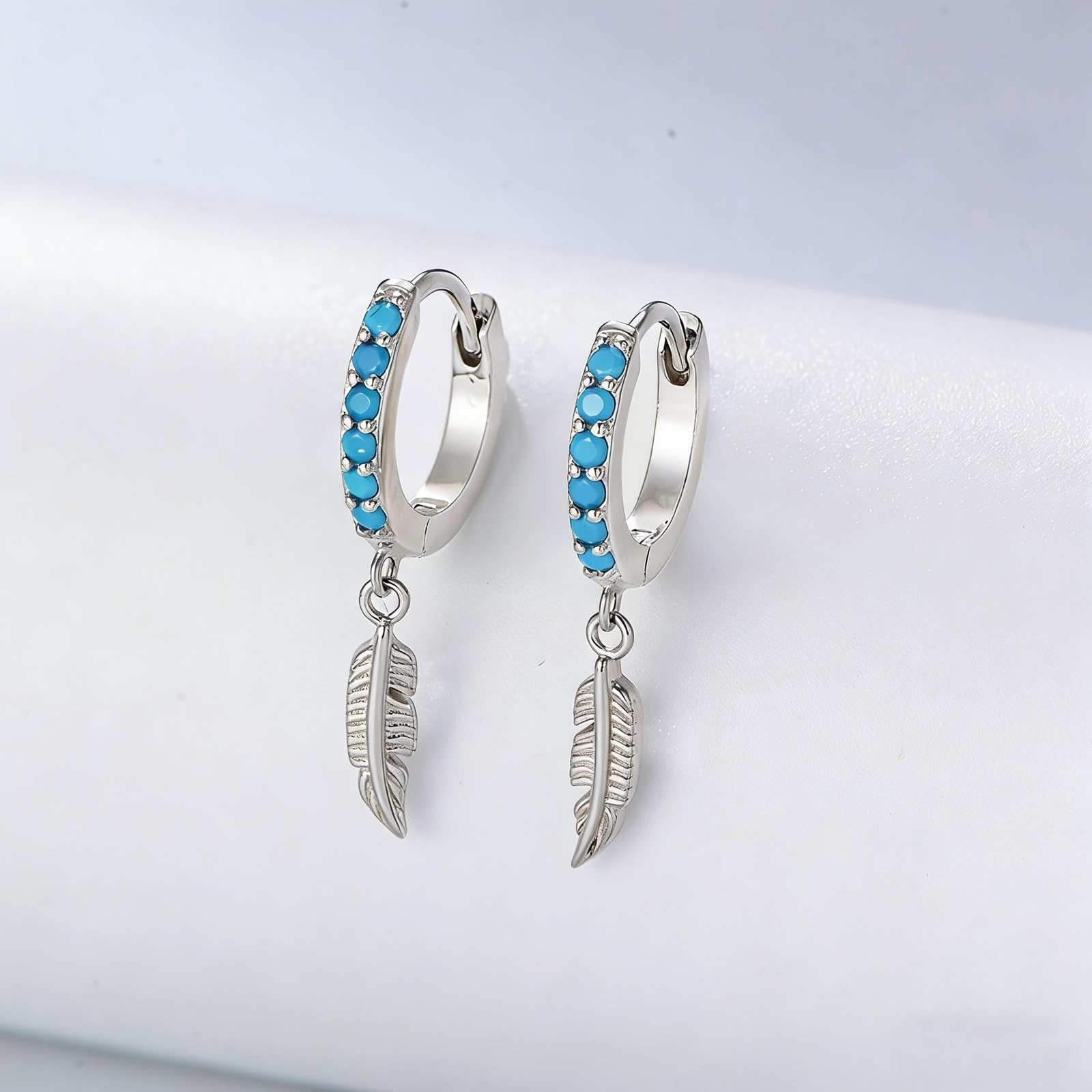 Pendientes de oro blanco de 9 K/14 K/18 K/PT950, joyas auténticas con turquesa redonda, pluma de aro
