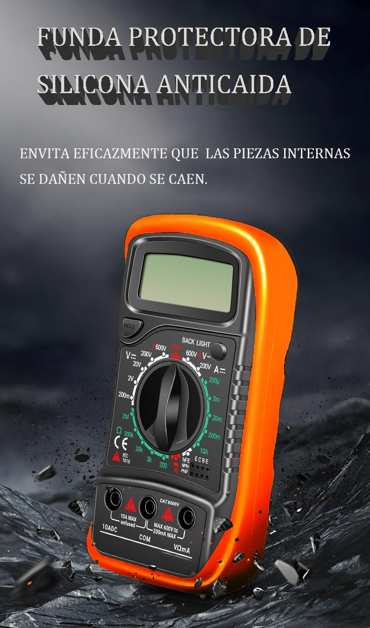 Multímetro Digital Profesional, Polimetro Digital con Pantalla Retroiluminada, Voltimetro Portátil y Resistente, Multifunción para Hogar y Taller, Manual en Español