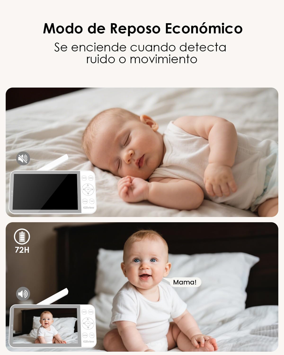 CZEview 2.5K 4MP Camara Vigilancia Bebe con App Movil, 5.5" IPS Gran Pantalla, 360°, Monitorización & Alertas en Tiempo Real, Visión Nocturna (Blanco) | pantalla súper clara, visión nocturna, audio bidireccional, cunas, sensor temp., 360° PIZ, APP, luz no