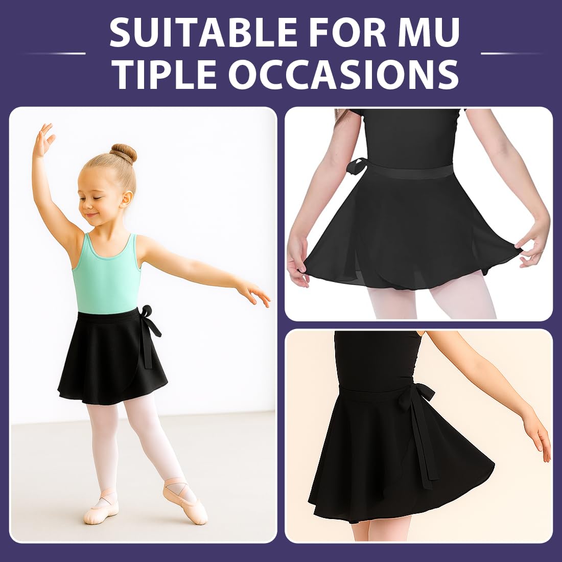 Falda de Ballet niña Chiffon, transpirable, suave, cintura ajustable, negro, gimnasia