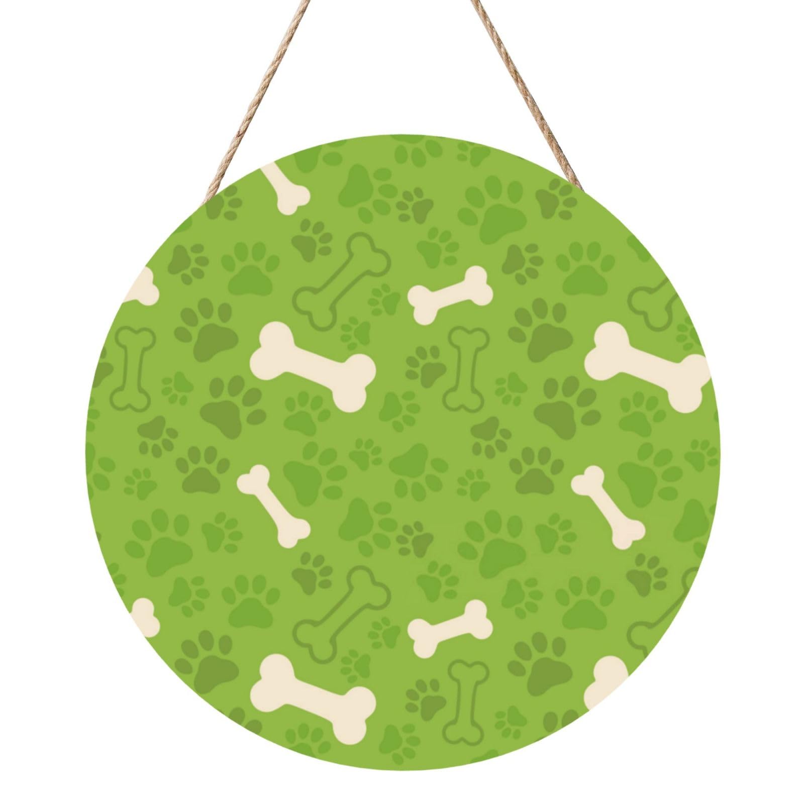 InOmak Green Dog Paw Bones, Round Wood Panel Painting 12 in, Wall Hanging Painting For Home