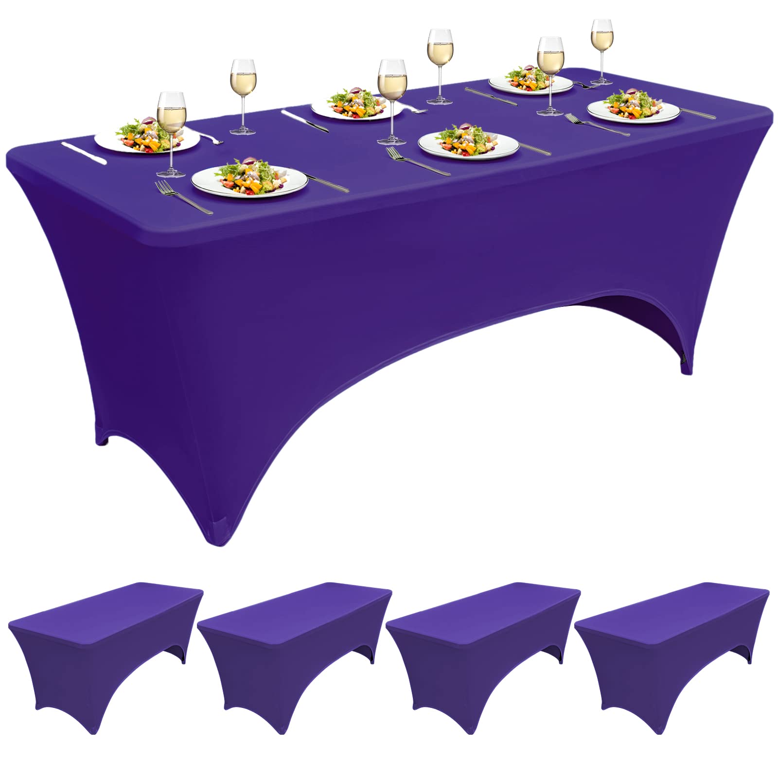 4 Pack Spandex Table Cover for 6ft Folding Tables Fitted Rectangular Tablecloth Stretch Table Cover Polyester Washable Tablecloth Protector for Wedding,Trade Shows,Banquet,Cocktail,Party (Purple)
