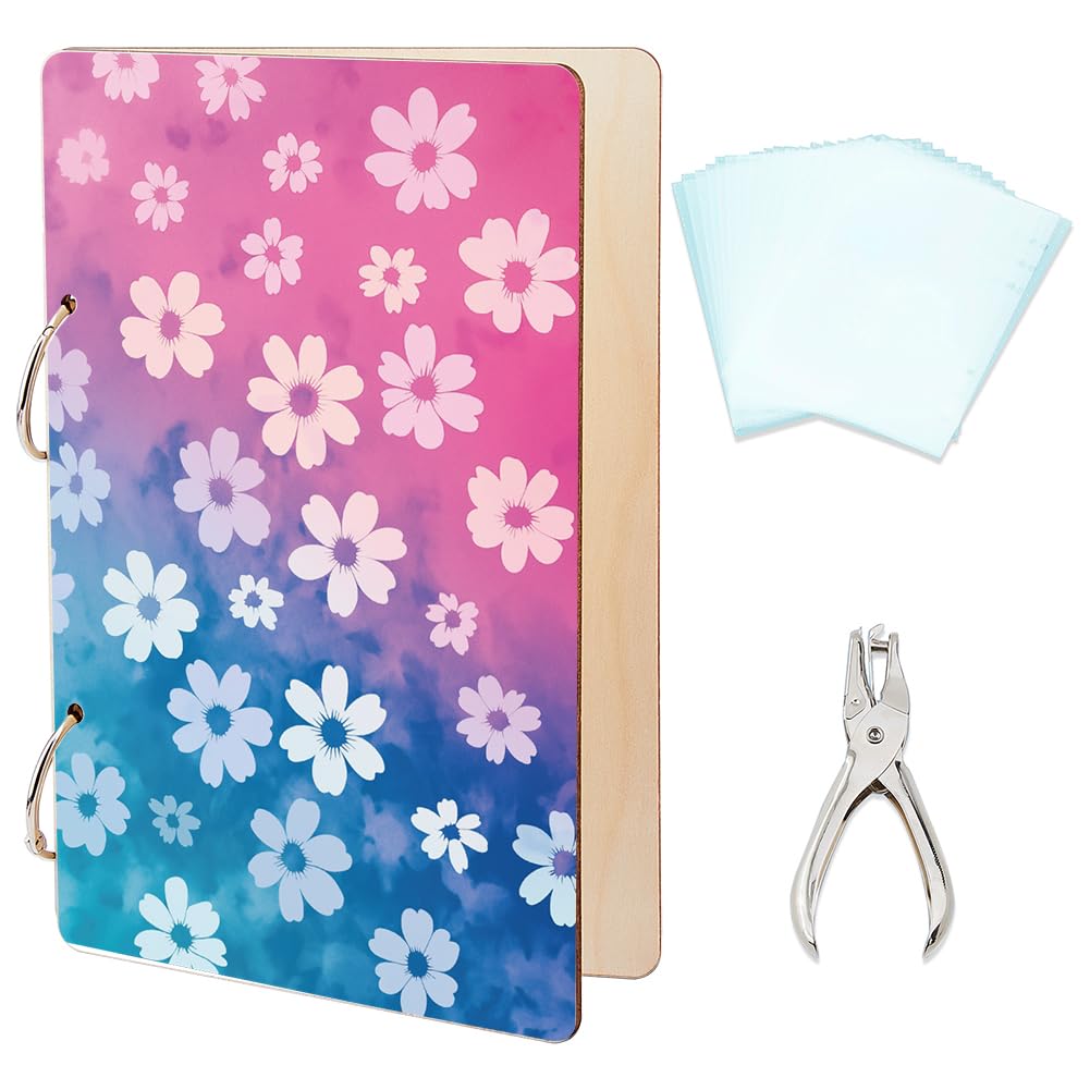 SUPERDANT White Flowers Greeting Card Organizer Colorful Flower Wooden Card Binder Postcard Keeper Storage with 2-Ring 20 Inner Pocket and Punch for Birthday Wedding Holiday Anniversaries Gift