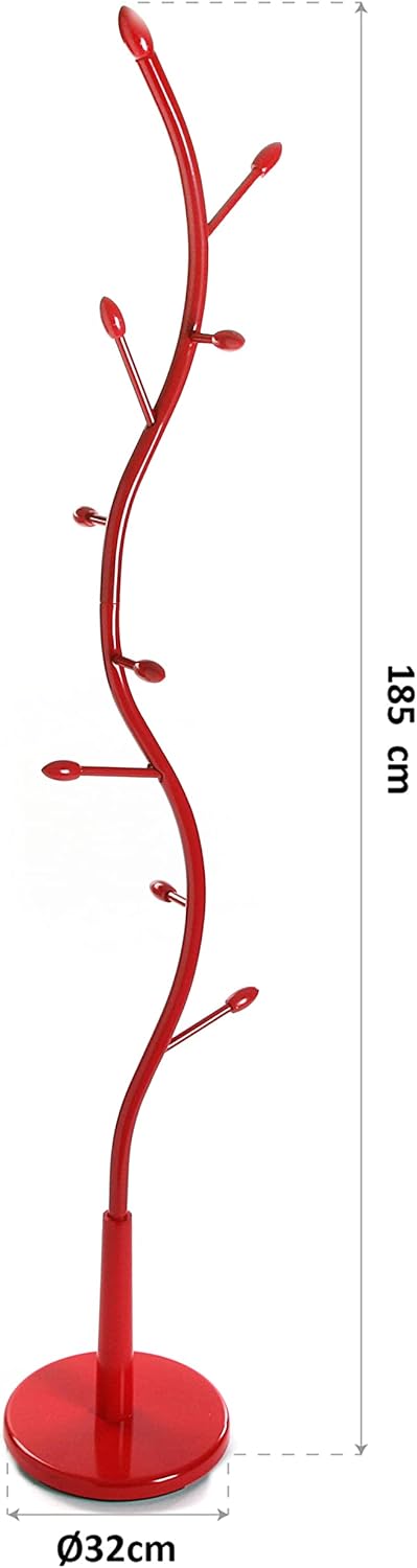 Versa Swindon Minimalist Style Coat Rack, with 9 hooks for clothing or bags for the Hall, Measurements (H x L x W) 185 x 32 x 32 cm, Metal, Colour Red
