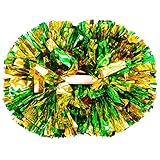 2 Pack Cheerleading Pom Poms with Handle, Metallic Foil Cheer Pom Poms, Cheerleader Pom Poms for Sports Party Dance Team Cheering Squad Spirit Kids Adult, Green and Gold