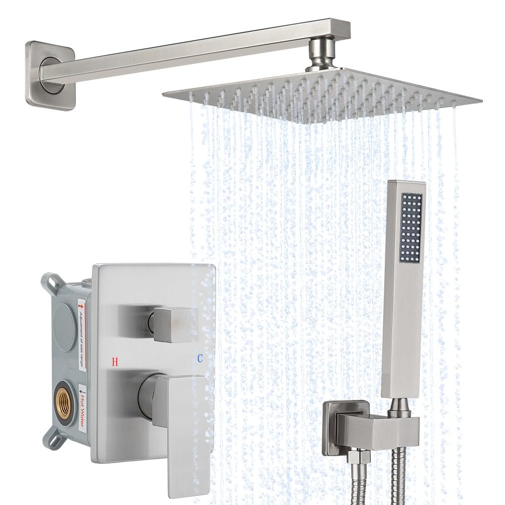 Brushed Nickel Shower System YCAIKOI Wall Mount Shower Faucet Set for Bathroom 10 Inch High Pressure Luxury Shower Head with Handheld, Rough-in Valve Body and Trim Included