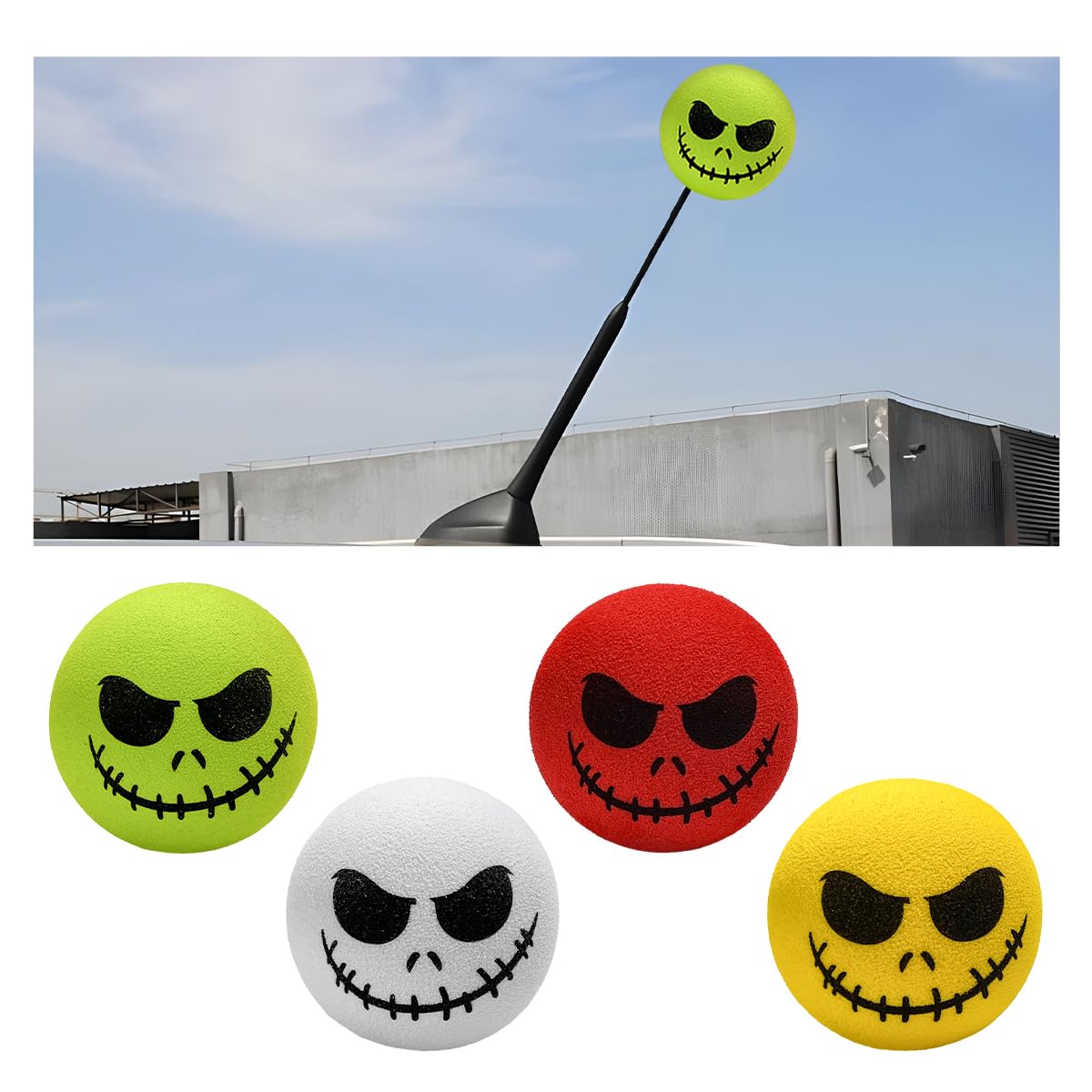 SHMZK 4 PCS Car Antenna Toppers, Funny Halloween Skull Spooky Smile Car Antenna Areial Balls, Skull Smile Face Antenna Topper Exterior Decor Doll for Most Vehicles, Car Accessories