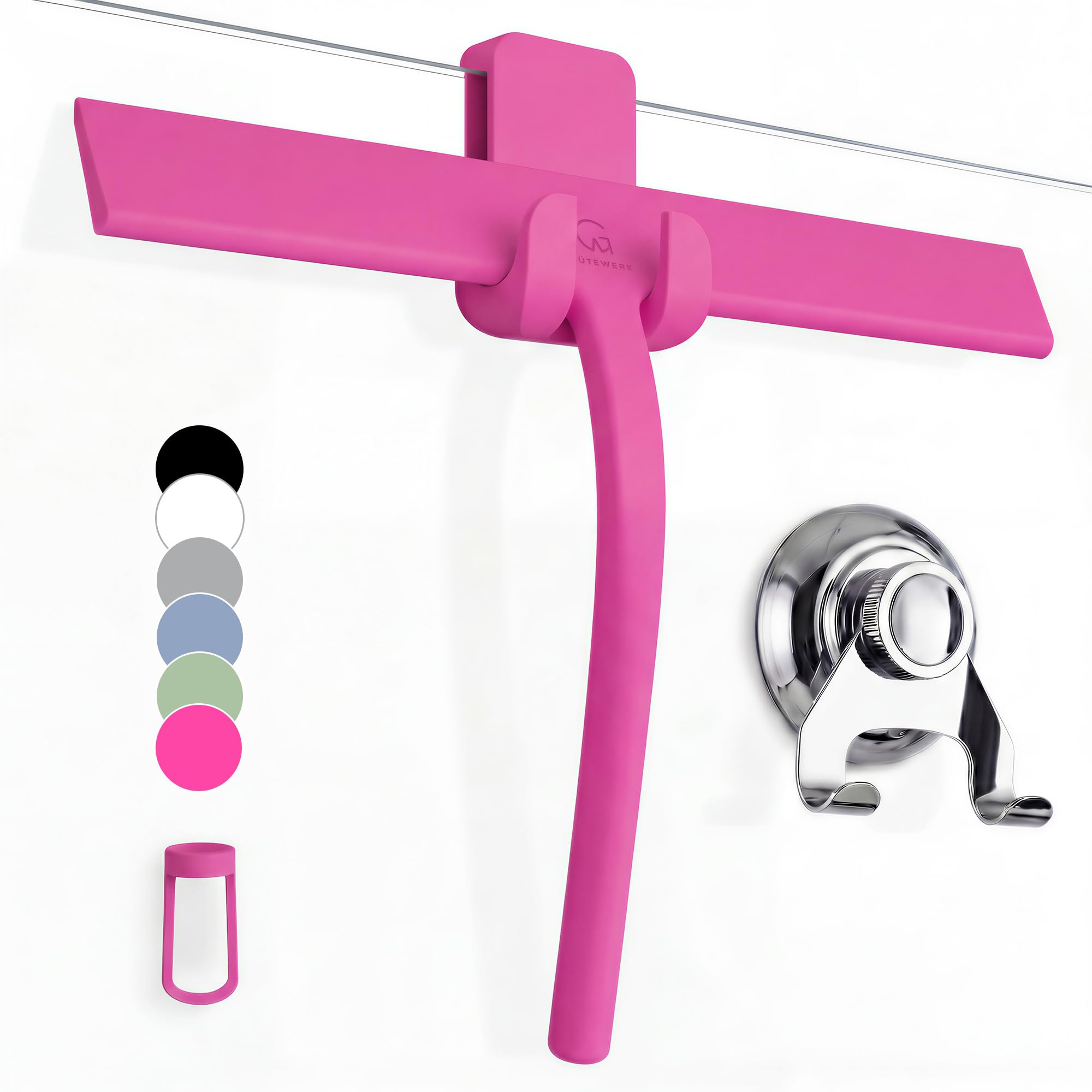 GÜTEWERK Silicone Shower Squeegee with 3-in-1 No-Drill Mount, Pink, 11''