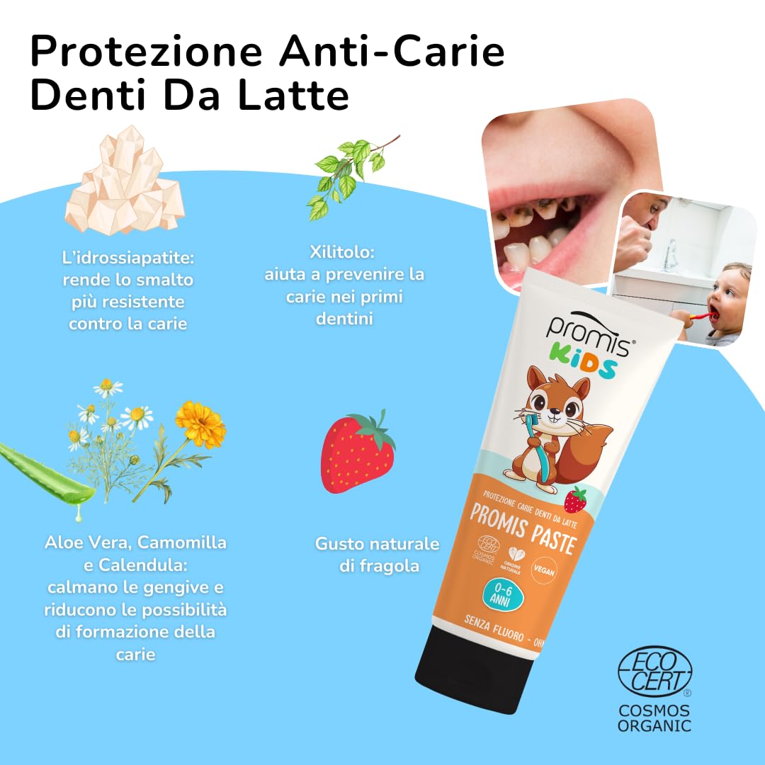 PROMIS Paste Kids 0–6 Anni, Senza Fluoro, Bio, Fragola e Sicuro Se Ingerito | Dentifricio con idrossiapatite anti-carie, formula delicata per l’igiene quotidiana dei denti da latte.