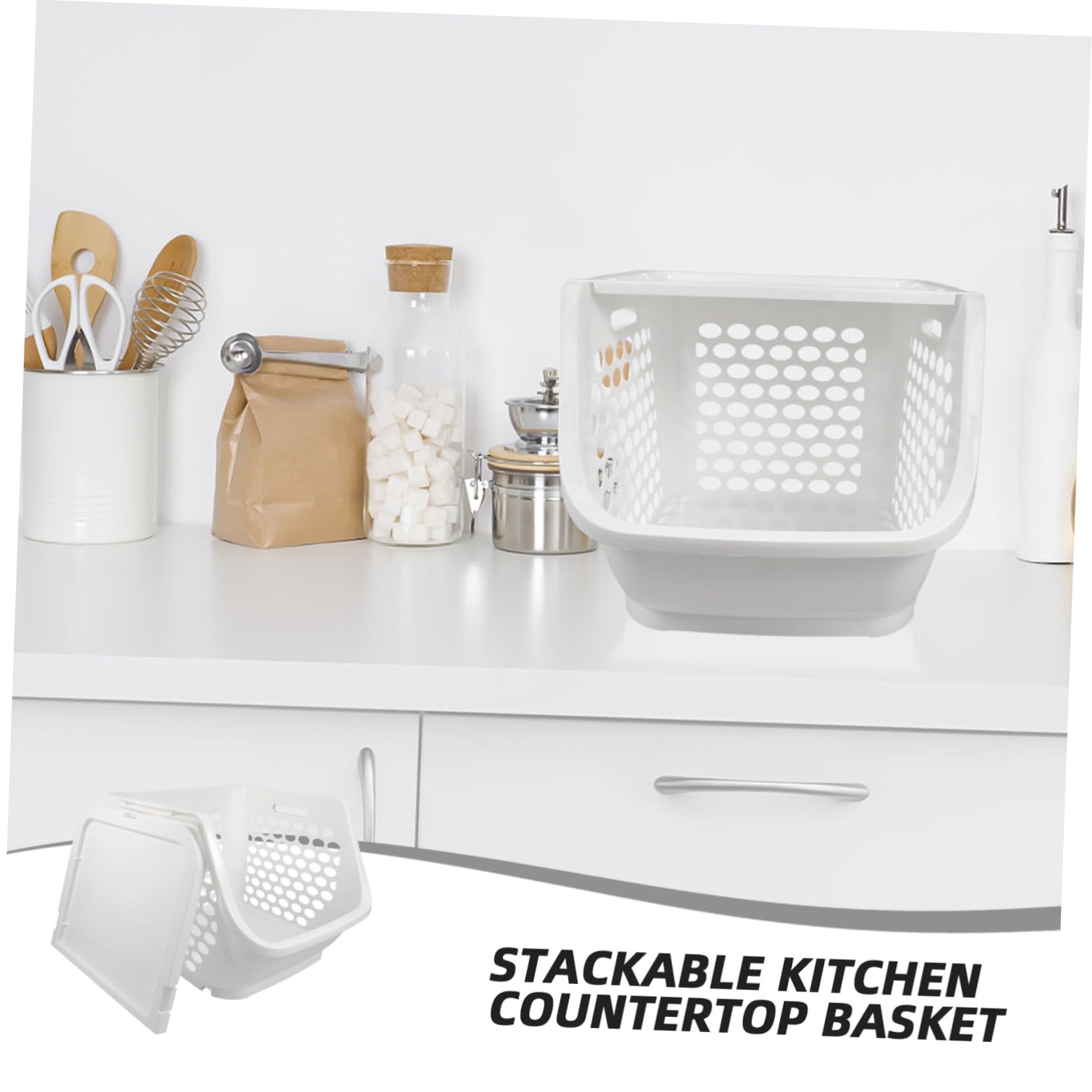 IMIKEYA Panier de Rangement Empilable Conservation Fraîcheur Design Gain de Place Plastique Blanc pour Fruits et Légumes pour Plan de Travail Cuisine