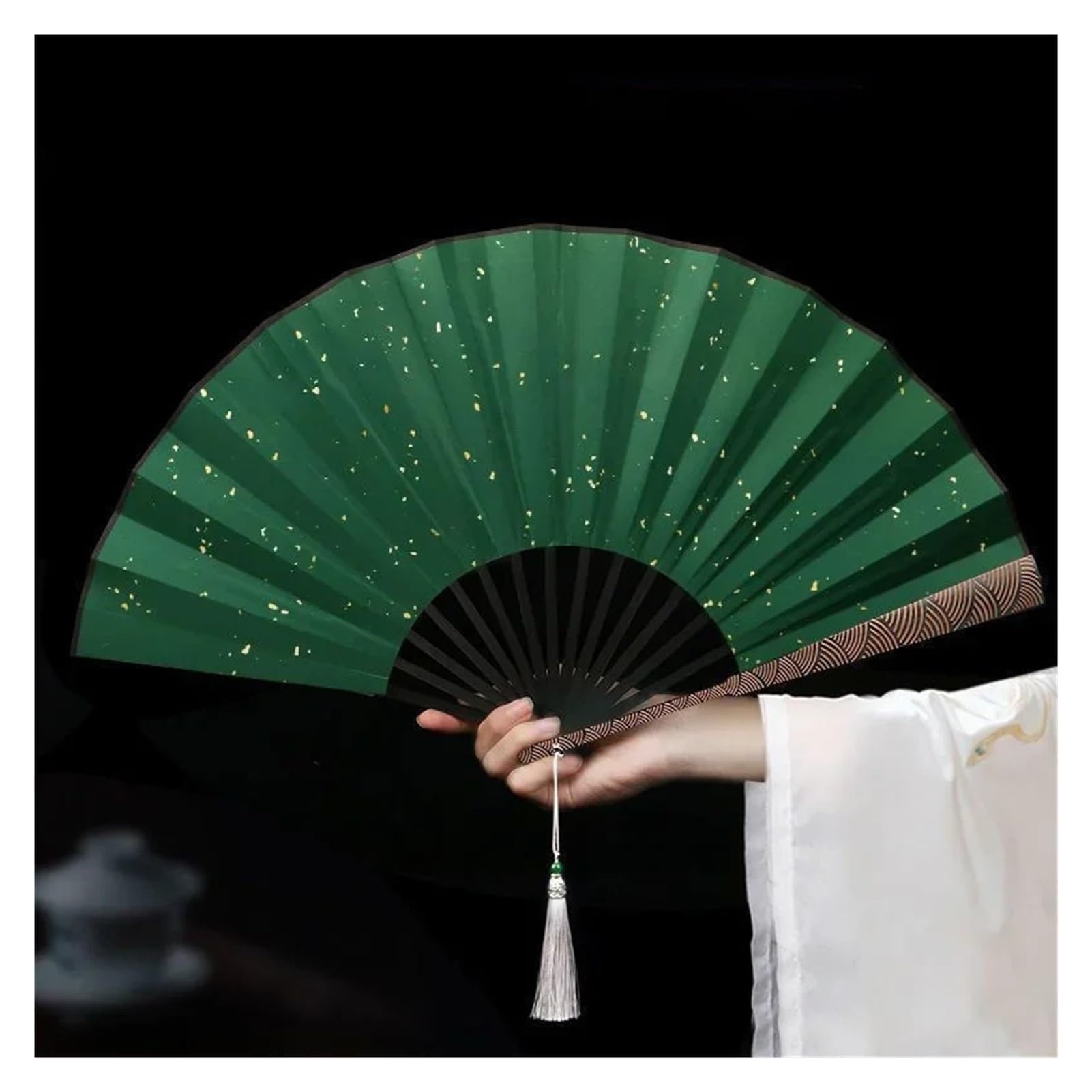 DYMKIE Cloud Pattern Fine Carved Rice Paper Folding Fan Black Sprinkled Gold Silk Cloth Antique Sea Wave Pattern Fan(Green)