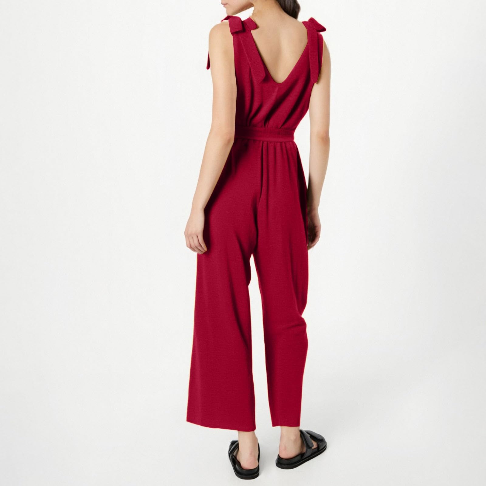 Jumpsuit Damen Sommer Lang Weites Bein Overall Damen Elegant Ärmellos Rückenfrei Jumpsuits V Ausschnitt Overalls Träger Schnürung Playsuit Frauen Mit Gürtel Romper Mit Taschen Onesie Freizeit
