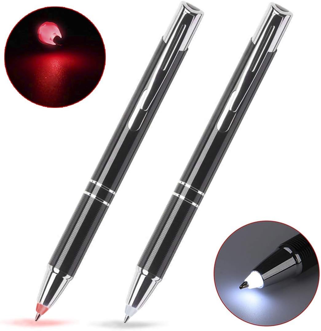 GS GLOWSEEN Lighted tip Penlight,LED Ballpoint Flashlight Writing Pens for Night Writer - 2 PK (Red & White Light)