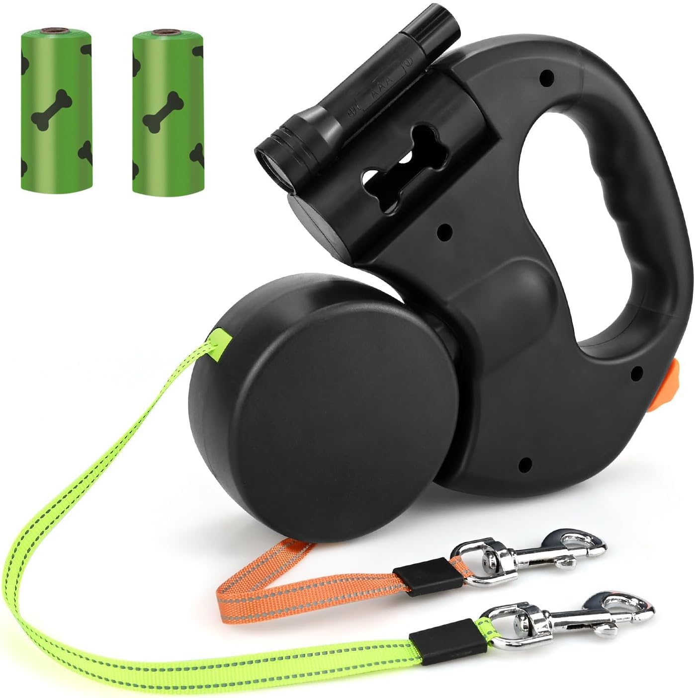 Correa doble para 2 perros - Correa automática para 2 perros, extensión de correa sin enredos de 360°, mango antideslizante, resistente. Incluye iluminación, cubos de basura y bolsas de basura