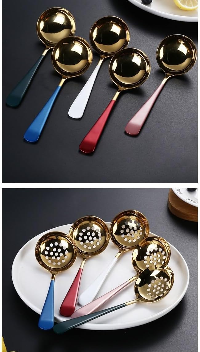 Silverware Flatware Set, 1/4/6/8 Pieces Stainless Steel Tableware Large Kitchen Hot Pot Public Round Spoon Thick Household Short Handle Soup Spoon(White Gold,6 Pieces)