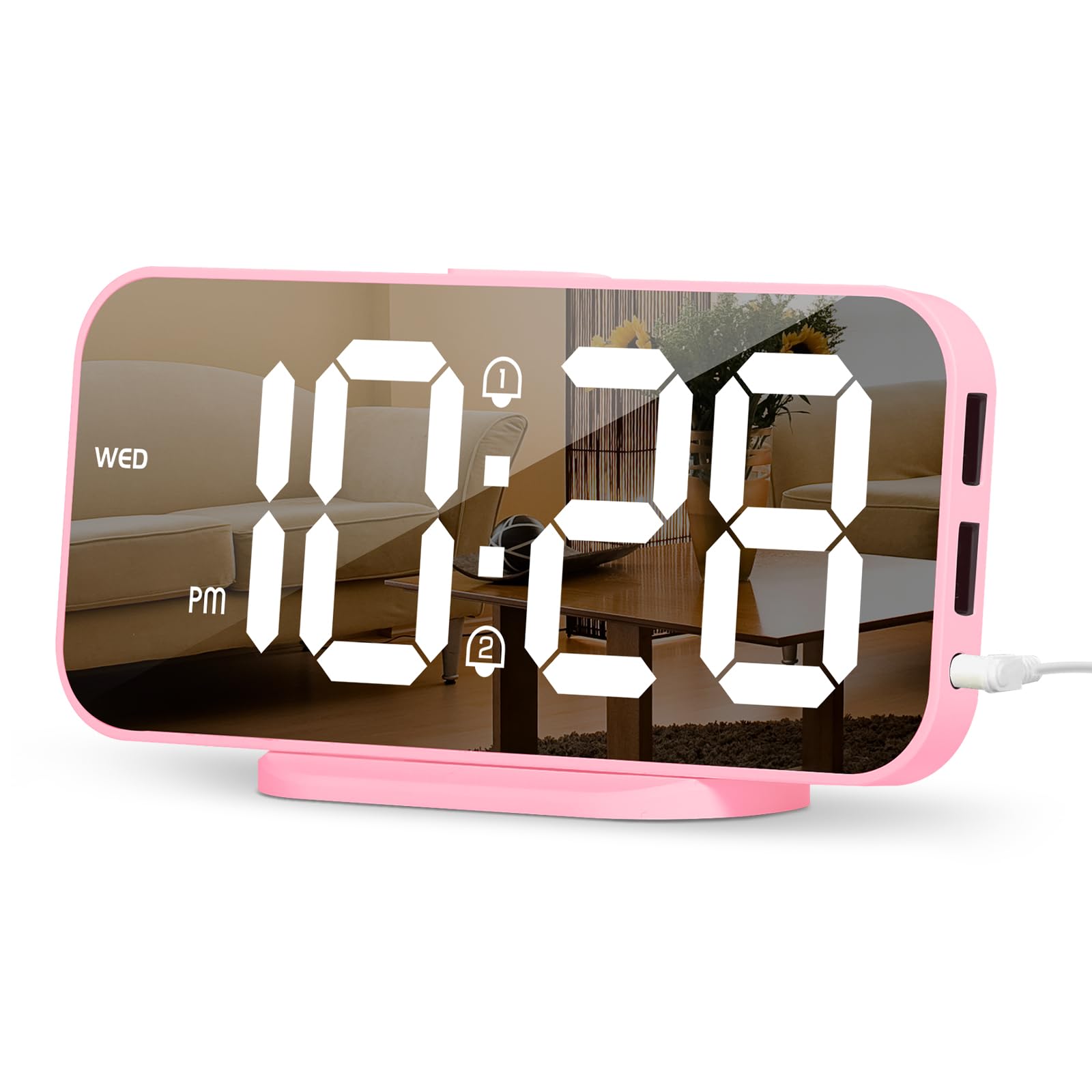 ALANAS Pink Mirror Digital Alarm Clock for Girls Teens Dual Alarms Snooze Adjustable Brightness 2 USB Ports Weekday