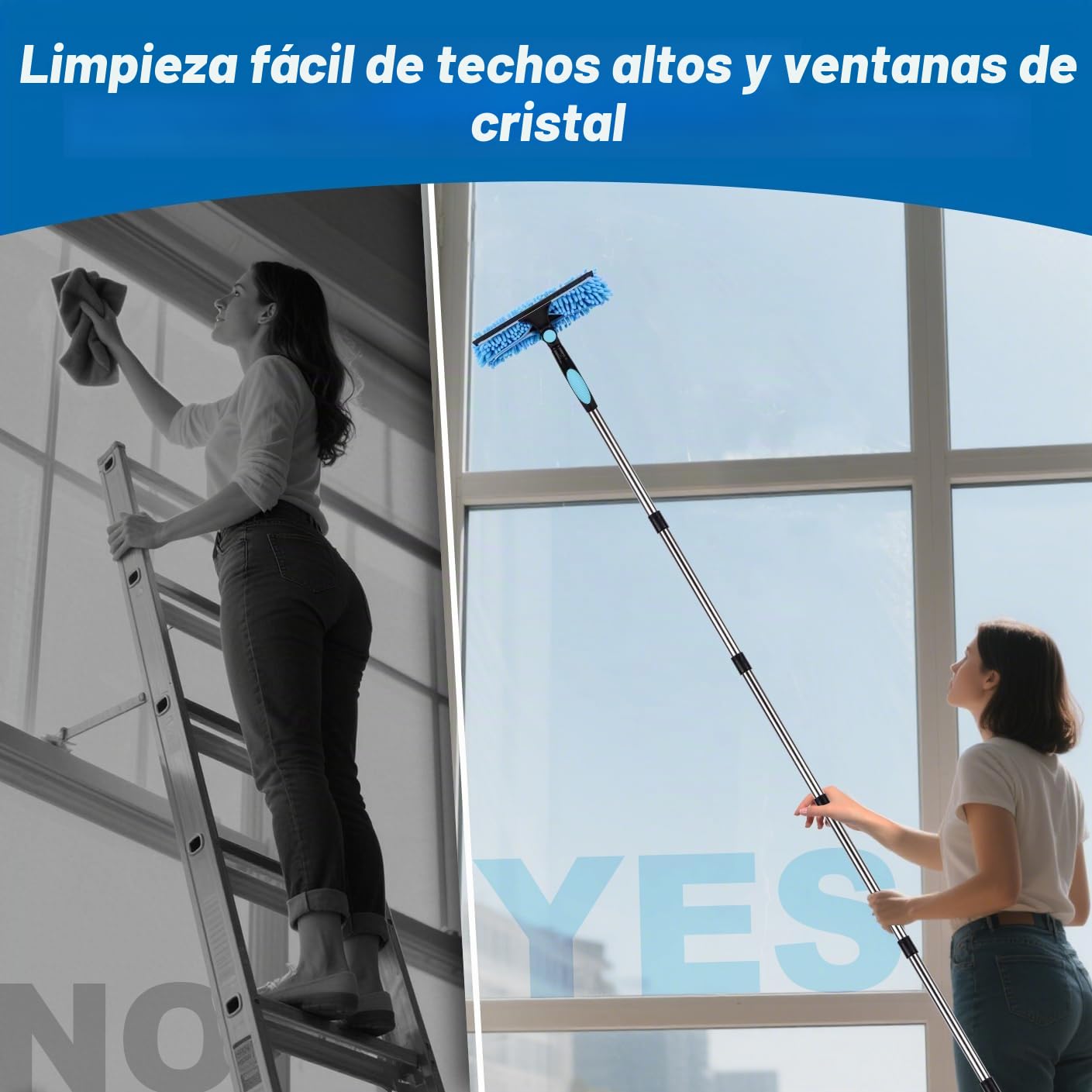 4.3m Limpiador de Ventanas Extensible, Equipo de Limpieza de Ventanas 2 en 1, Herramienta telescópica de Limpieza de Ventanas largas para Ventanas Altas de Vidrio de Coche, con 2 paños de