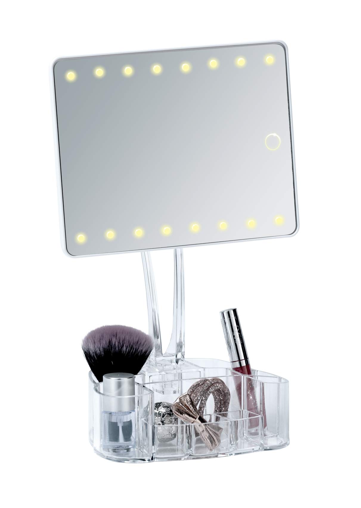 WENKO Trenno lustro stojące z organizerem LED, lusterko kosmetyczne z oświetleniem LED, obrotowe, funkcja dotykowa, funkcja ściemniania jasności, zasilanie bateryjne, 17 x 36 x 12,5 cm