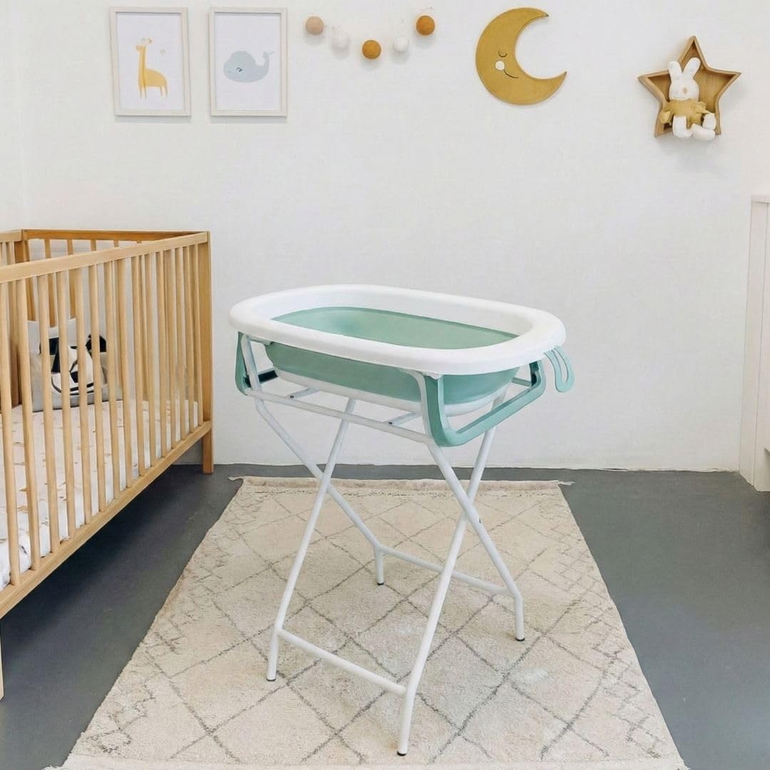 BAÑERA PLEGABLE PARA BEBÉ | Diseño Portátil y Plegable | Recién Nacido | Con Termómetro + Patas Antideslizantes + Tapón de Desagüe (Verde Soporte)