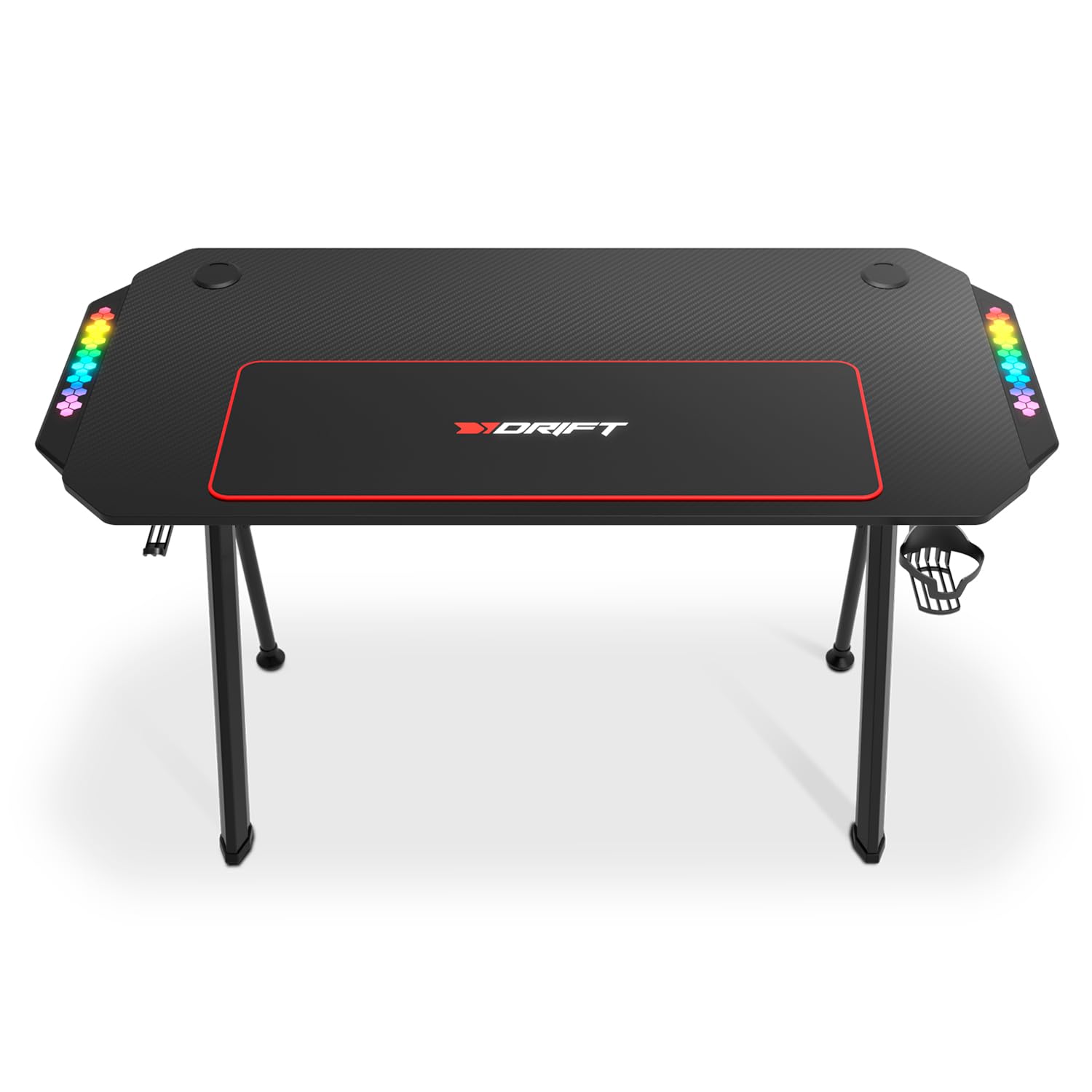 Drift Gaming DRDZ175RGB – Mesa Gaming con Tablero de Fibra de Carbono, Laterales RGB reactivos al Sonido, Alfombrilla XL, Soporte para Bebidas y Auriculares, Color Negro