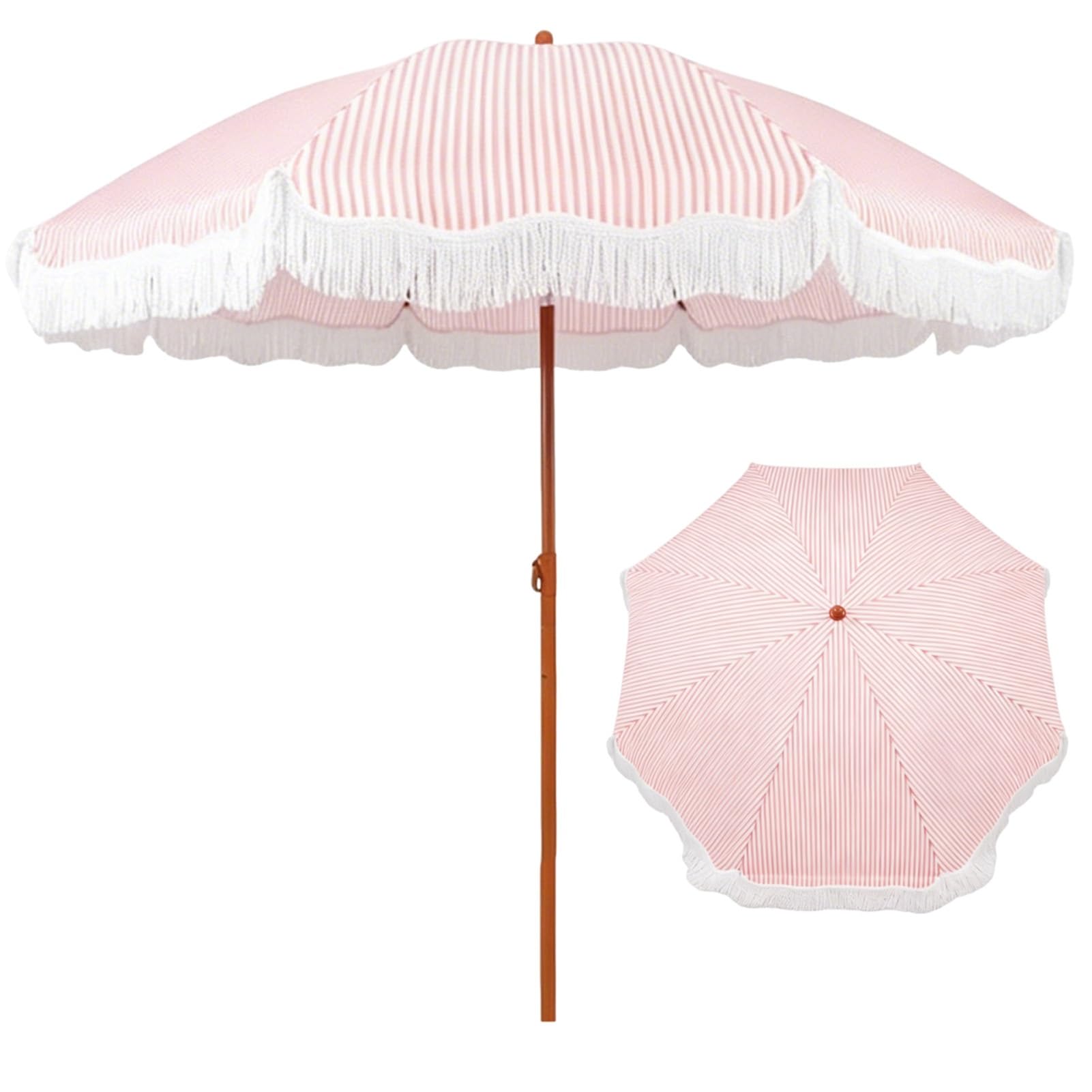 Pasiasty Parasol Plażowy z Frędzlami, 200 cm Boho Przenośny Parasol Ogrodowy z Przyciskiem Pochylania do Basenu, Pikniku i na Podwórko(Pink)