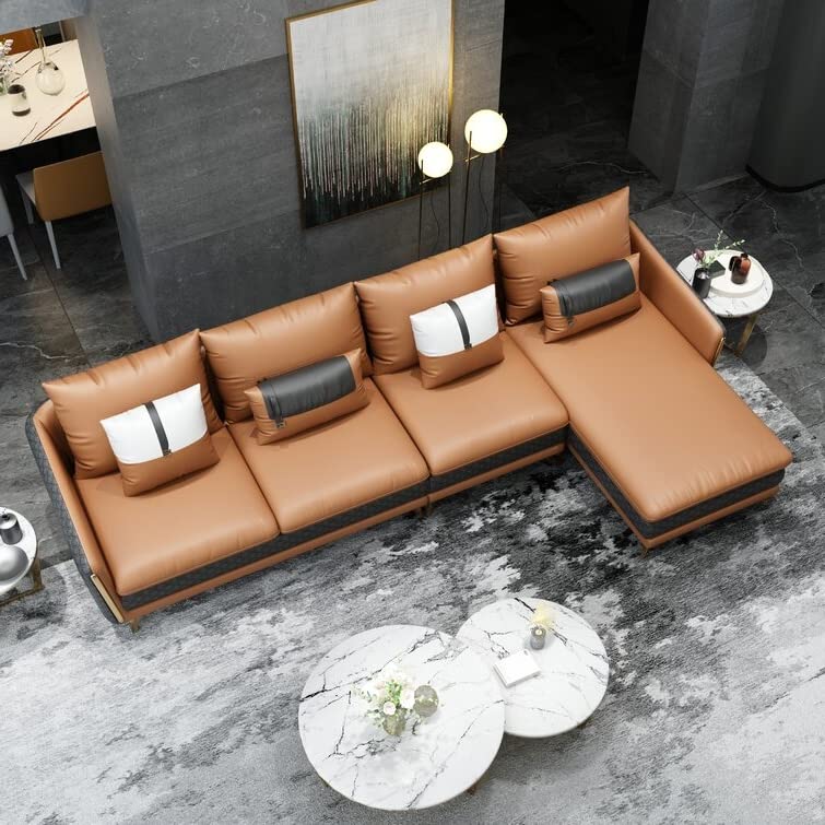 Image of Sofa Set T&T Co. Unique Verstile Design 3 Seater Sofa and 1 Chaise Luxury Imperia Collection Cushion Back with Upholstered Soft Touch Premium Leatherette for Living Room Loung (Brown & Grey)