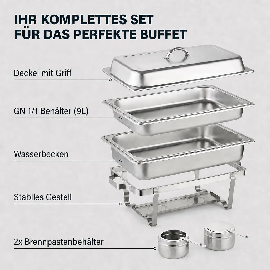 Warmhaltebehälter für Essen GN 1/1, Chafing Dish Edelstahl 9 L, Rechaud | Großer Buffetwärmer mit GN-1/1-Behälter & Deckel, Speisenwärmer mit Wasserbad, für Grillgut, Buffet, Catering & Events