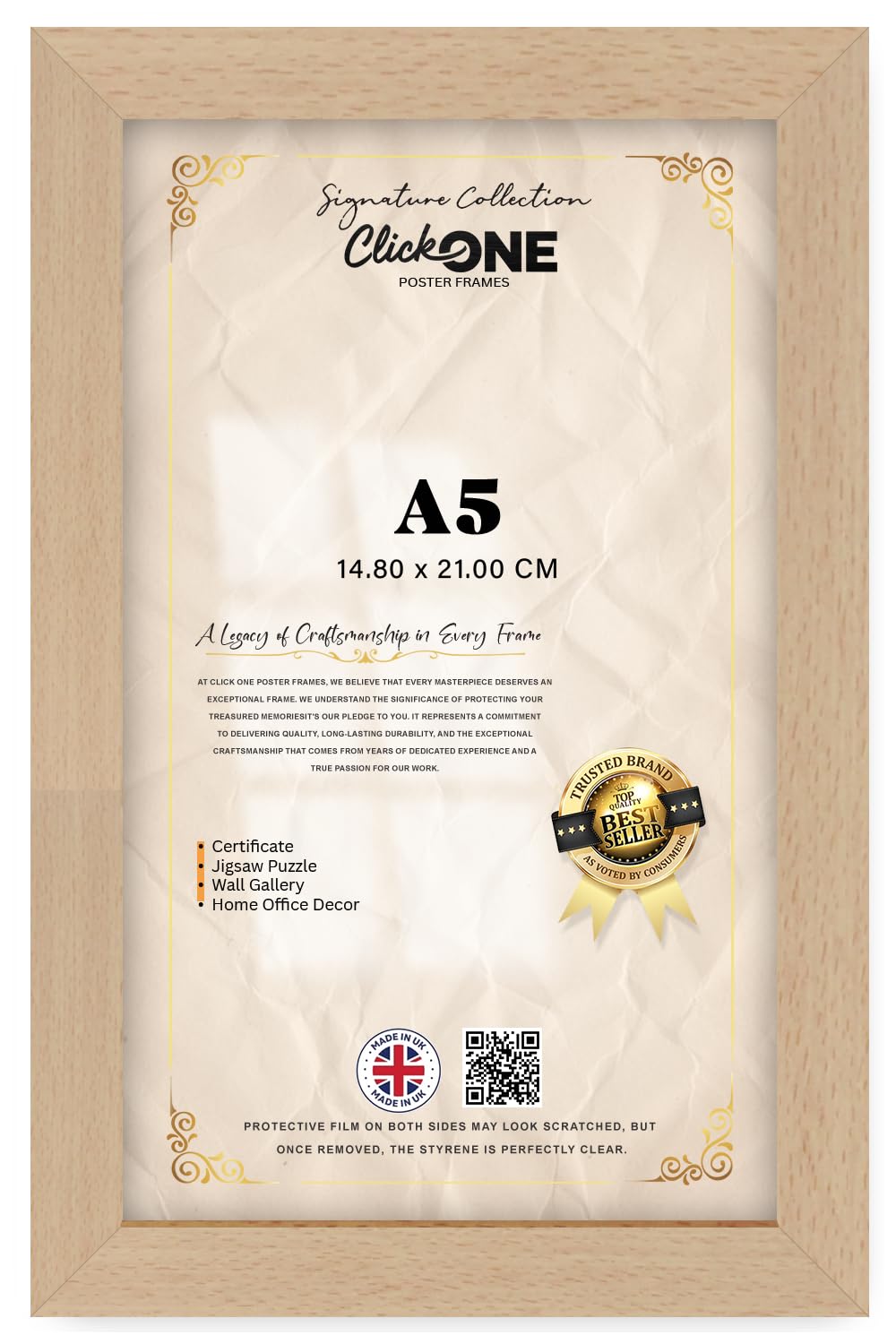 Click One — A5 (14.80 X 21.00 Cm) Poster Frame | Solid Engineered Wood Beech Finish For Landscape And Portrait Display, Home And Office Wall Gallery Decor — 8 X 5.5 Inch (Easy Hang, Slim Profile)