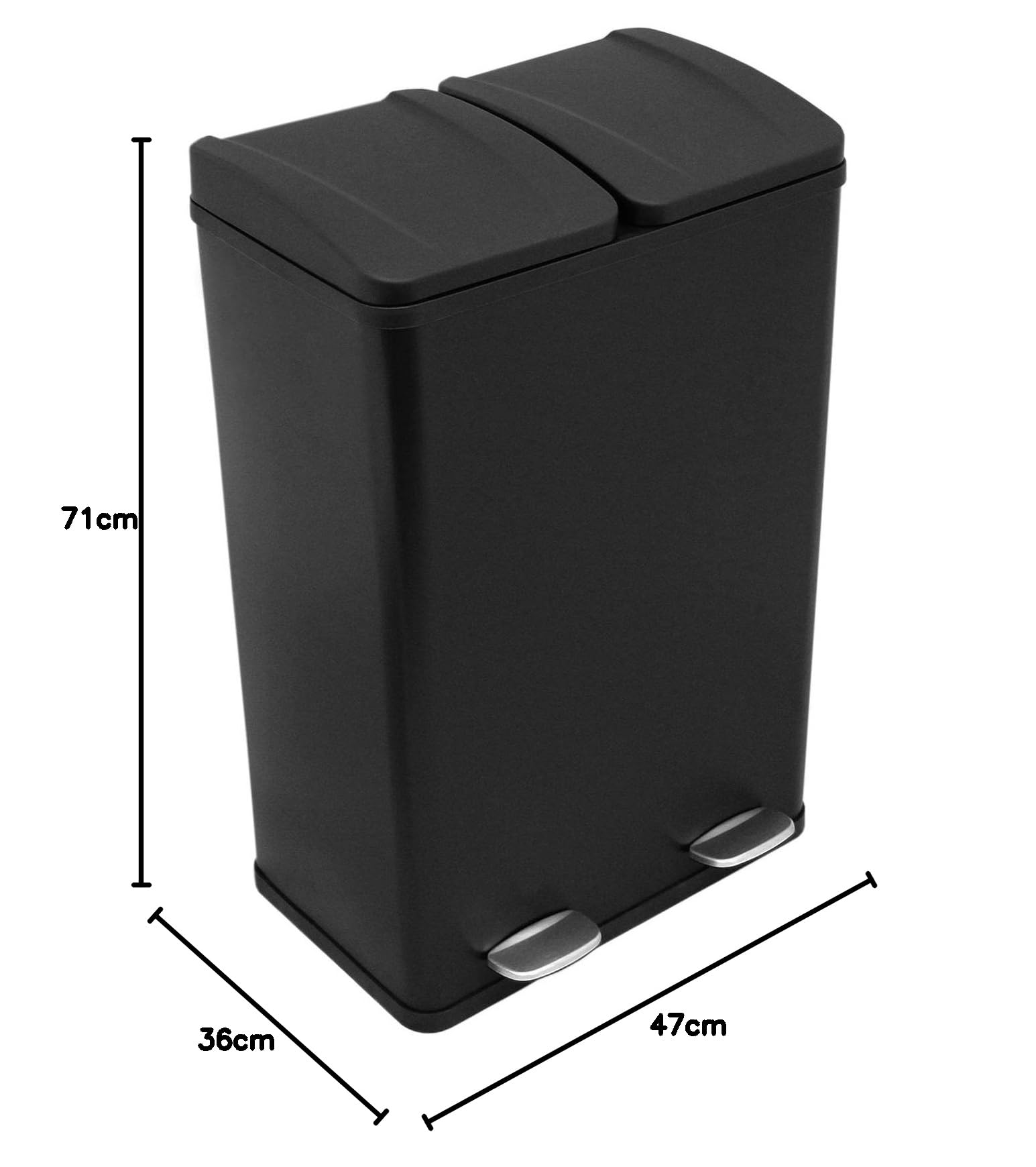 Monster Shop Doppel Tretmülleimer Edelstahl 60 L Mülltrennsystem Mülleimer Papierkorb Abfalleimer Recycling 2 Fächer herausnehmbar Pedal Bin Schwarz