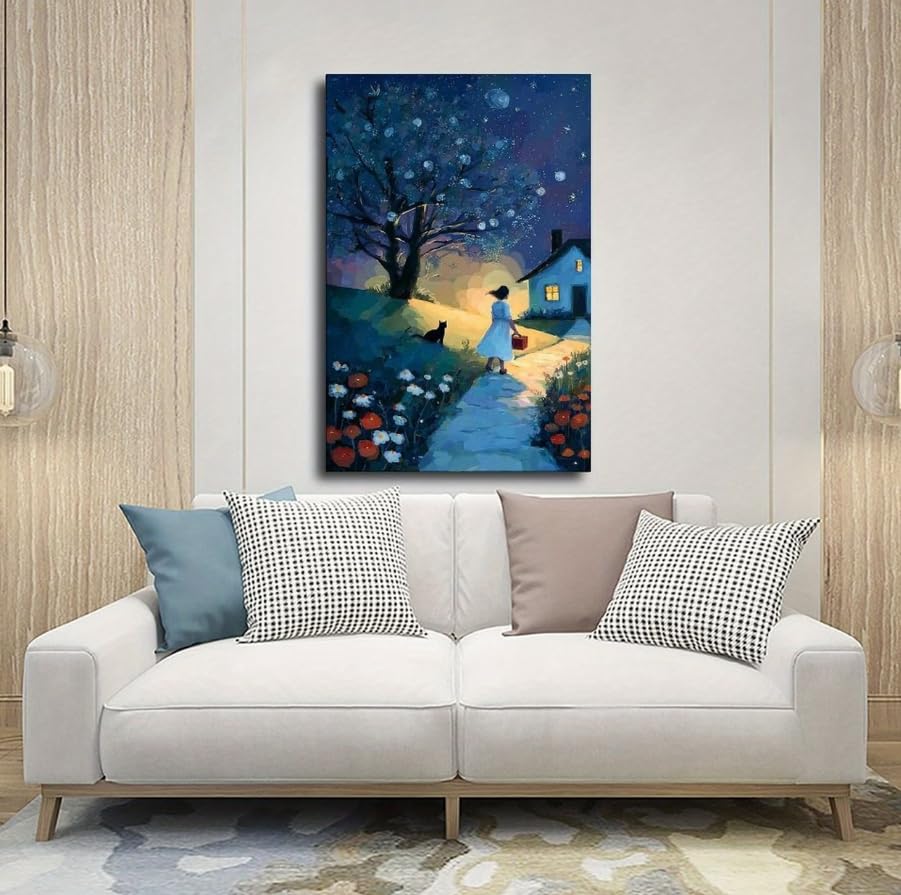 SXFDPDL Cuadro decorativo de pared Niña y gato en la noche estrellada, estilo cuento de hadas, con paisaje, póster para decoración del hogar (80x120cm/sin marco).