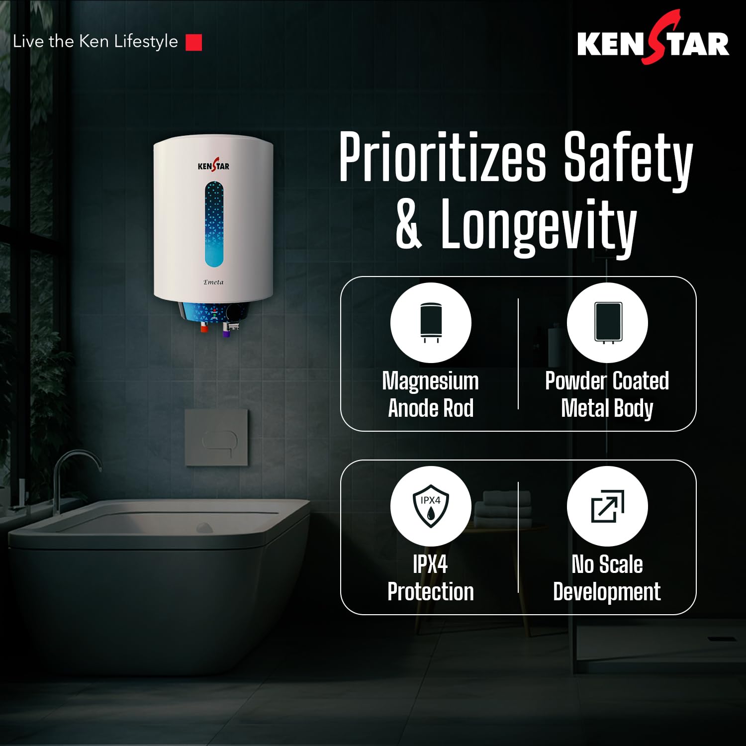 Kenstar Emeta 15L Vertical Storage Water Heater for Home| 5-Star Rated Geyser| Multiple Safety Systems with Advanced 3 Level Safety| White & Black
