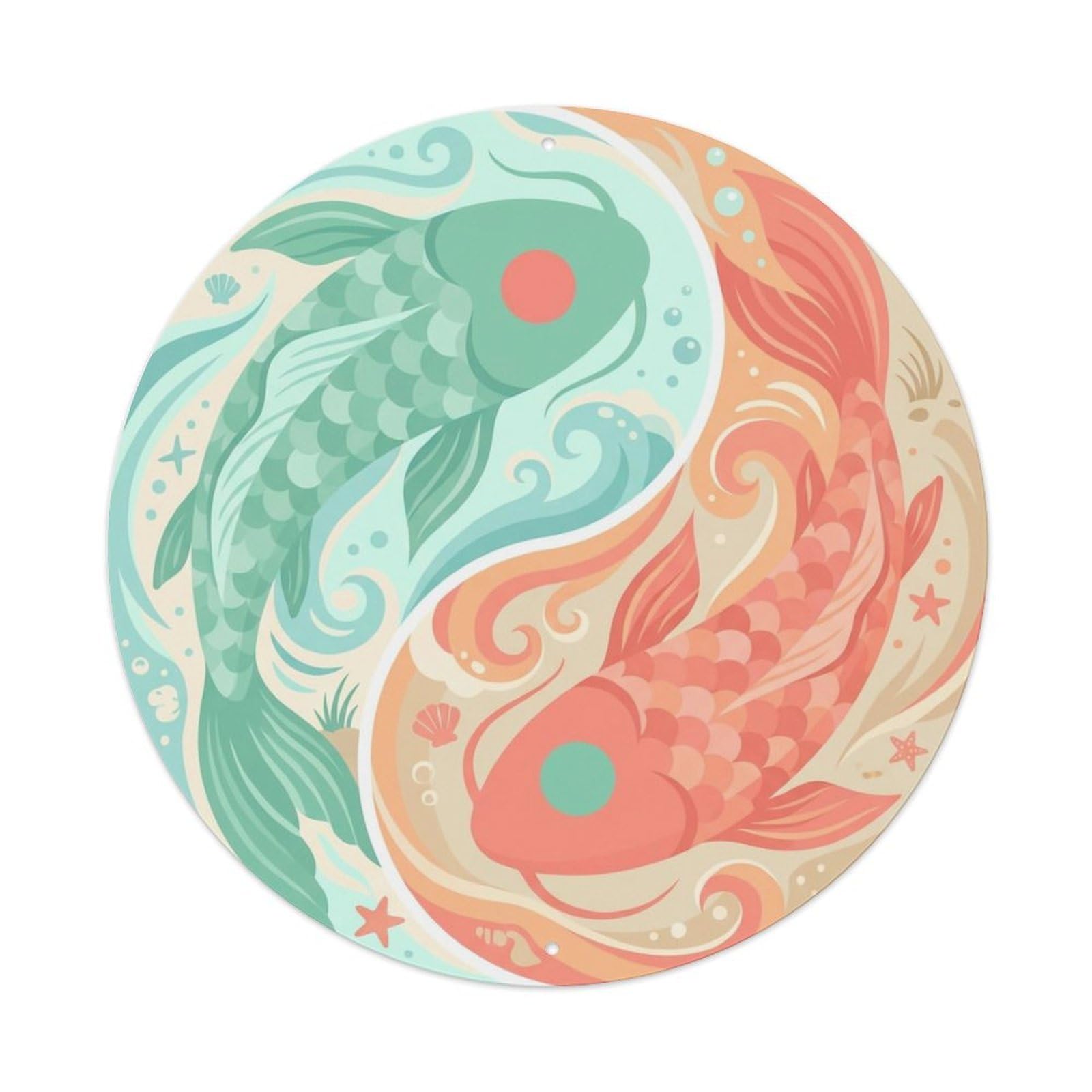 Tai Chi Koi Fish Seafoam Coral Ocean Breeze Beach Wave Metal Tin Sign