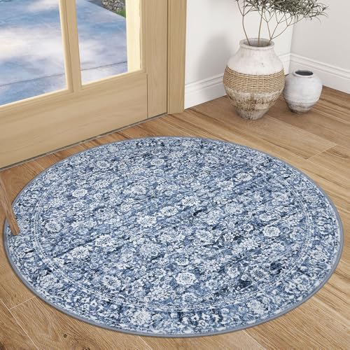 Blue 3' Round Rug Washable Rug for Entryway Soft Non-Slip Area Rugs Distressed Floral Low-Pile Carpet, Neutral Vintage Circle Rugs for Living Room Dining Bedroom Foyer