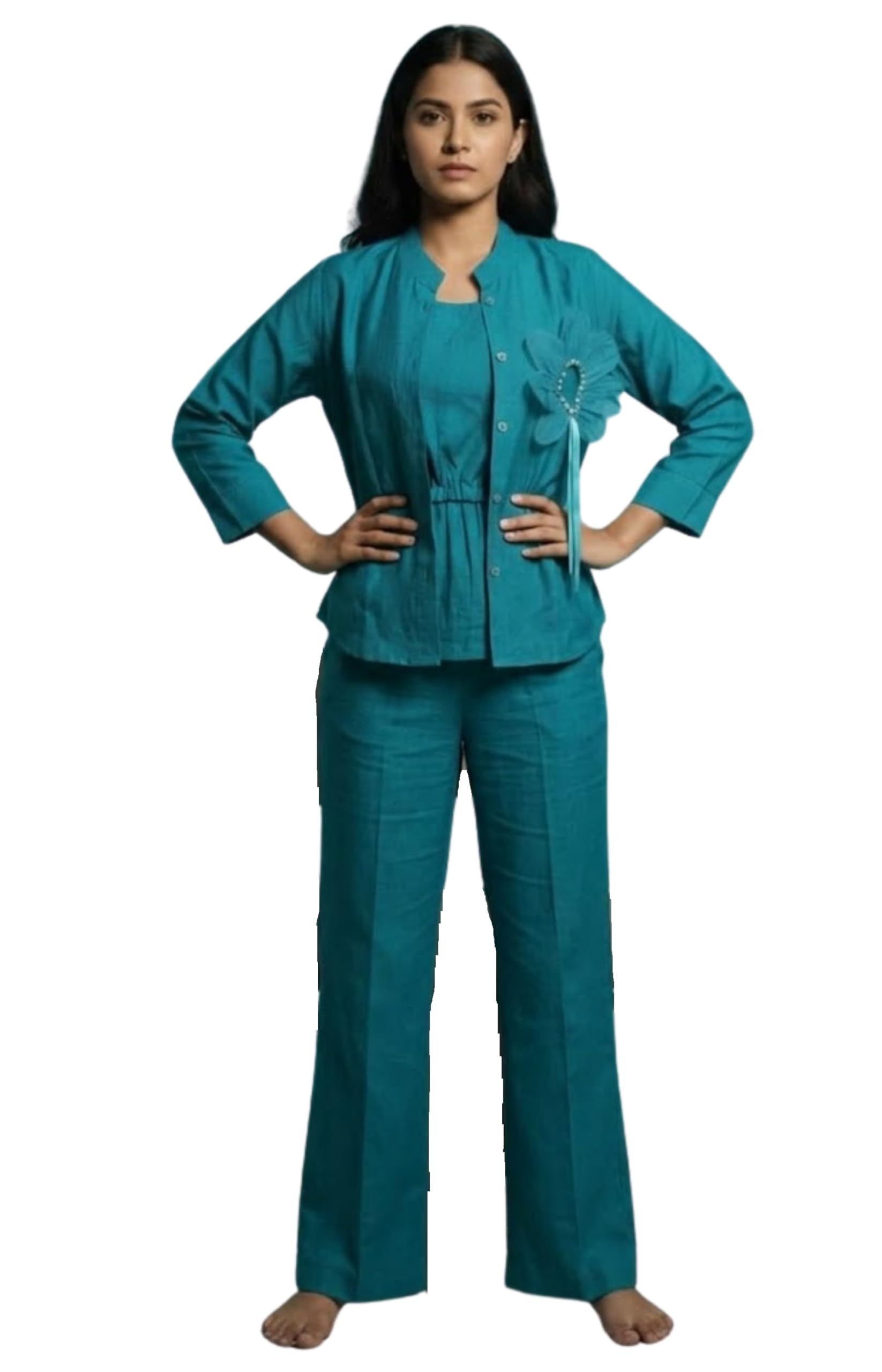 Women’s 3/4 Sleeves Rayon Cropped Jacket with Matching Pant Co-ord Set with Organza Floral Brooch-image-49