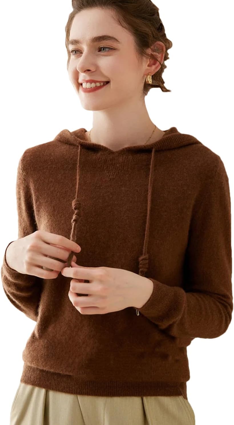 女性カシミヤメリノウールセーター長袖パーカーカジュアルジャンパーソリッドニットフード付きプルオーバー brown XXL