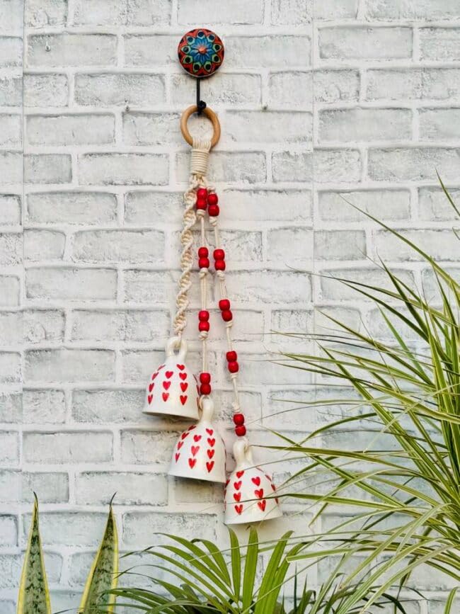 Image of Crafty Co. Decorative Wall & Door Hanging Toran with Bells for Home Entrances (White & Red)- Bunch of 3 Big Bells | Macrame Wall Hanging Toran for Diwali, New Year, Festive Decoration & Door Decor