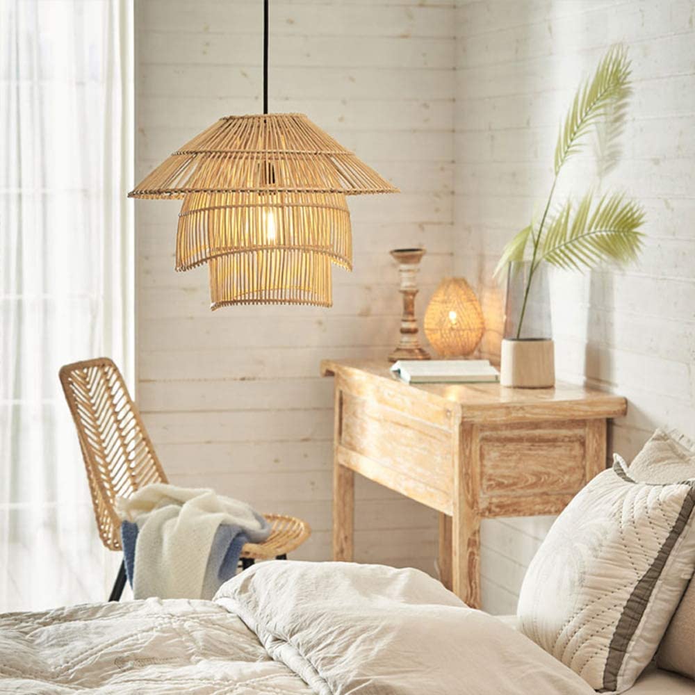 Lampada a sospensione intrecciata in rattan - Lampadario in rattan regolabile, lampada a sospensione Boho E27 compatibile con isola cucina, sala da pranzo, soggiorno e camera da letto in fat
