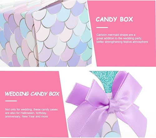 Miniatura 6 de 20 cajas de fiesta de sirena, cajas de dulces de boda, cajas de papel de sirena con cola de purpurina y cajas de galletas de lazo morado para