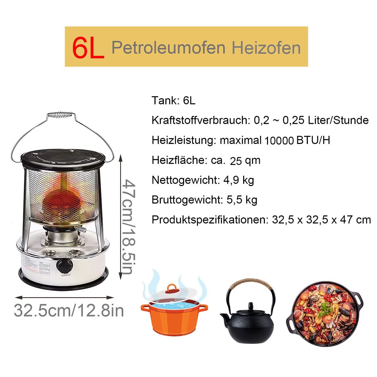 Białe grzejniki naftowe 6 l do użytku w pomieszczeniach, nieelektryczny piec na naftę z torbą na kuchenkę Regulowana siła ognia, do namiotu do wędkowania pod lodem Gotowanie wrzącej wody