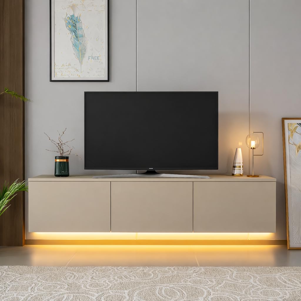 Homidea Vesta LED Meuble TV suspendu 160 cm - Moderne meuble TV mural avec éclairage LED intégré, portes rabattables et espace de rangement pour salon (Beige)