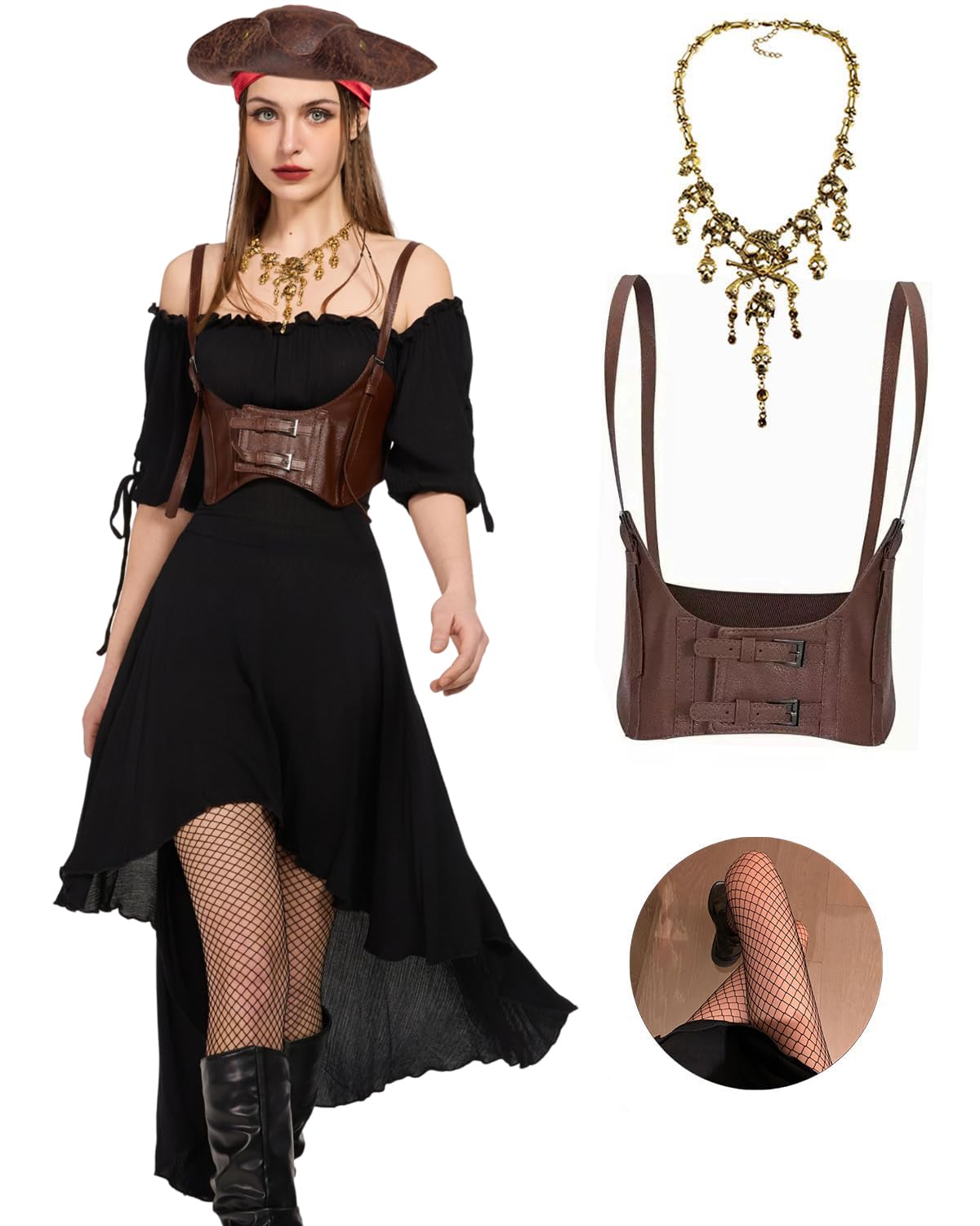 minkasic Pirate Costume Women with Underbust Corset High Low Renaissance Pirate Dress Costume with Accessories 4PCS