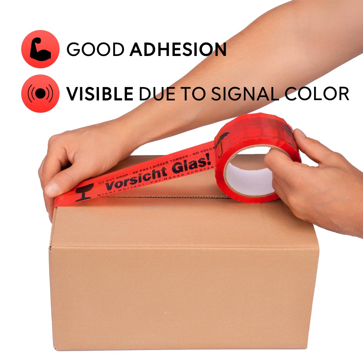 verpacking Klebeband „VORSICHT GLAS“ Verpackungsband reißfest, Standard abrollend, 48 mm × 66 lfm 24 Rollen