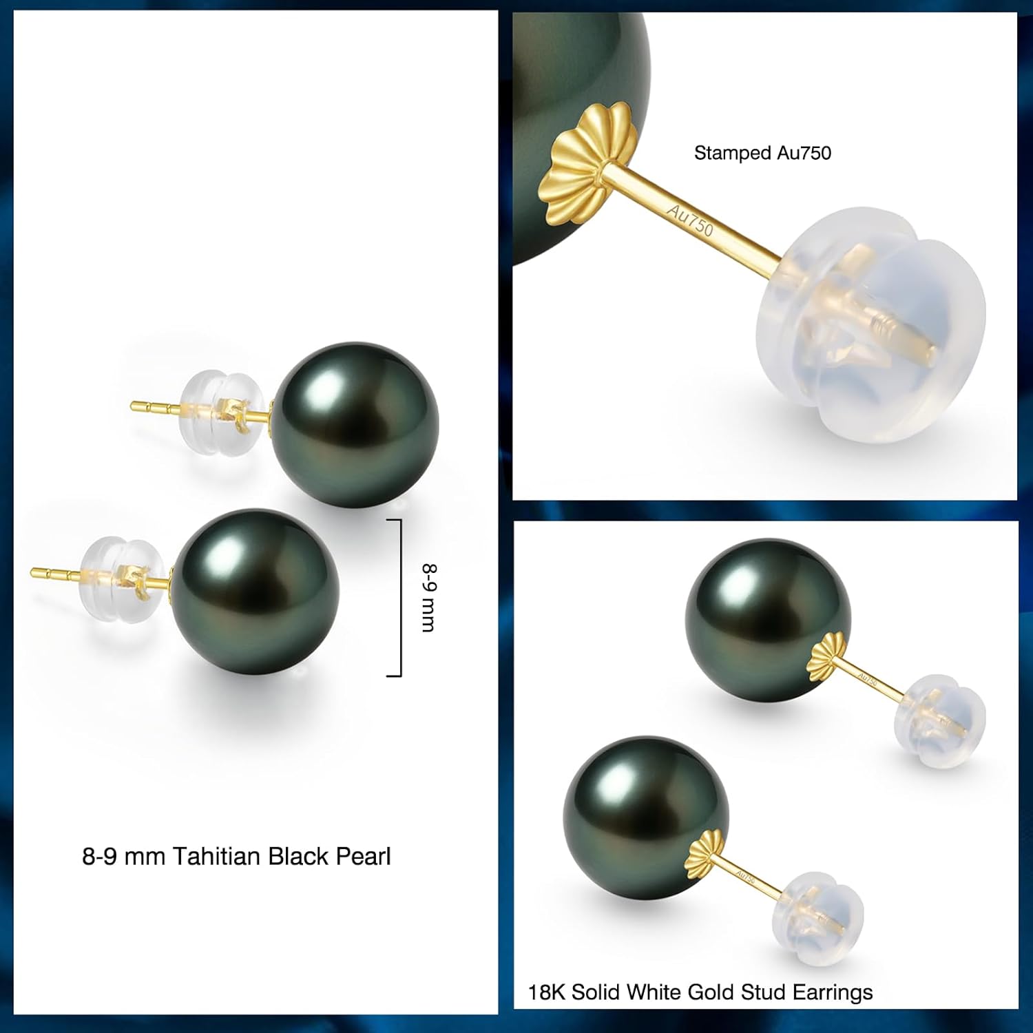18K Solid Gold Genuine Tahitian Black Pearl Stud Earrings for Women, AAAA 8-11mm Seawater Pearls - Christmas Gift for Wife Mom Daughter Sister Grandma, Women Jewelry for Wedding Anniversary Birthday - Image 4