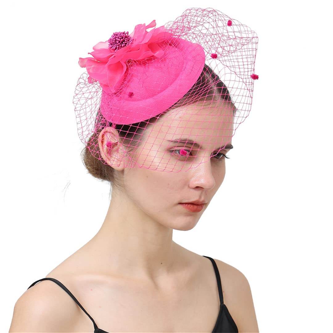 FBHappiness Women Fascinator With Face Veil Wedding Headwear Bride Headpece Hair Clip Headband Party Fedora Cap,Feather Flower Hair Clip(Pink)