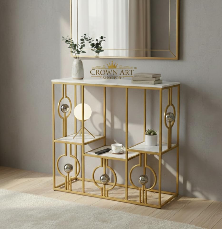 Image of Console Table with Storage, Modern Engineered Wood, Gold Metal Frame with Decorative Spheres, 30x30x7.5 Inch (White Gold)
