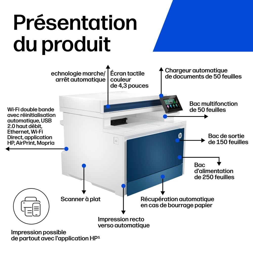 HP Color LaserJet Pro MFP 4302dw, 4RA83F, Imprimante Multifonction A4, Impression Recto Verso Automatique, 33 ppm , USB, Wi-Fi, Ethernet, Copie, Numérisation, ADF, Écran tactile 4,3", Bleu