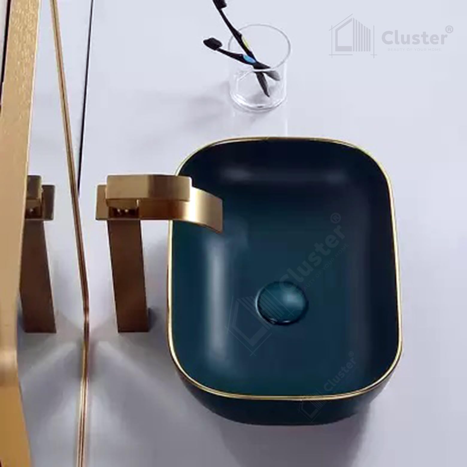 CLUSTER Designer Ceramic Table Top/Counter Top/Wash Basin For Bathroom And Livingroom Decor, Green And Golden Border, Rectangular, 455x320x135 MM (B0CRDVMKX1) Amazon Price History, Amazon Price Tracker